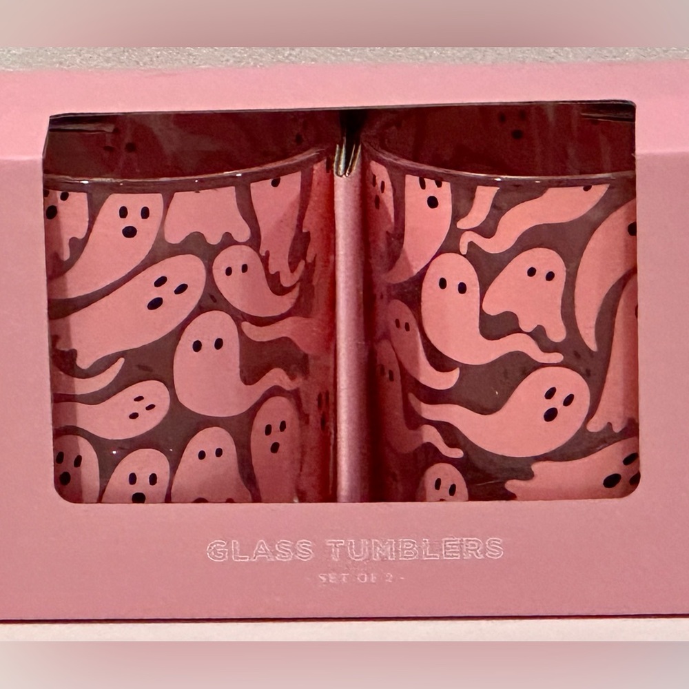 Elum Home Boxed Set of Two Glass 14.5 oz. Tumblers- pink floating ghost glasses